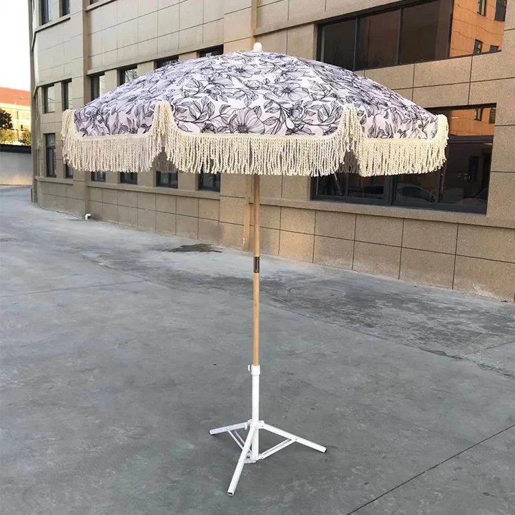 dia 200cm wooden pole garden parsol umbrella with tassels beach umbrella for outdoor parasol