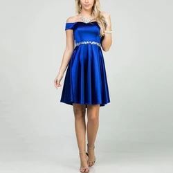 2021 Fit and Flare Satin Off Shoulder Ladies Women Wedding Bridesmaid Short Blue Dresses