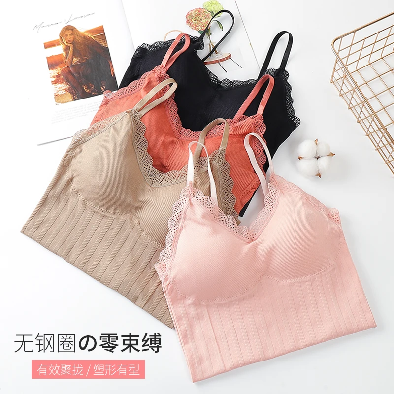 
Japanese warm vest V-neck fairy lace long vest thread sling bottoming underwear without steel ring and chest pad 