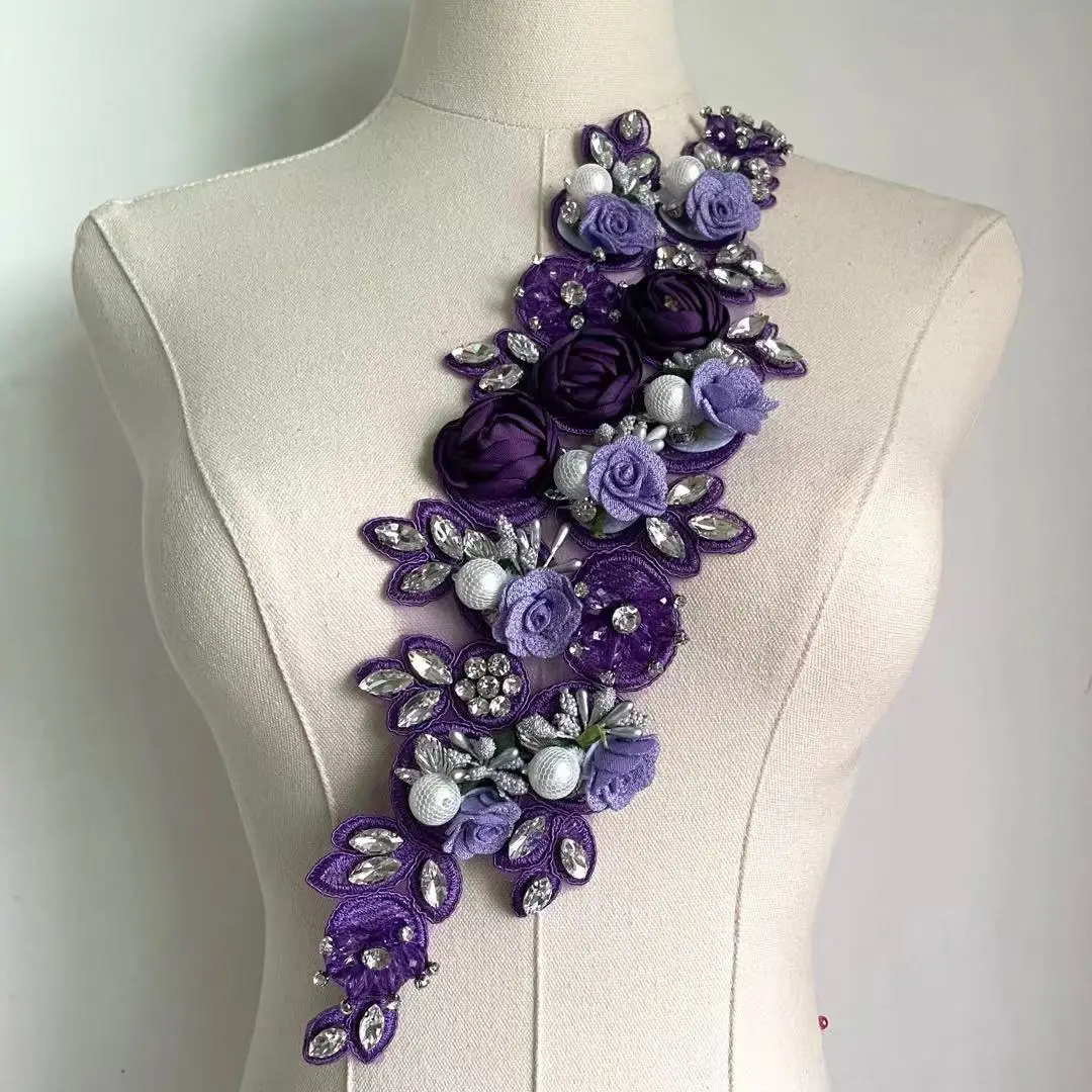 Big size 30cm pearl bead flower applique embroidery floral patch for bridal dress