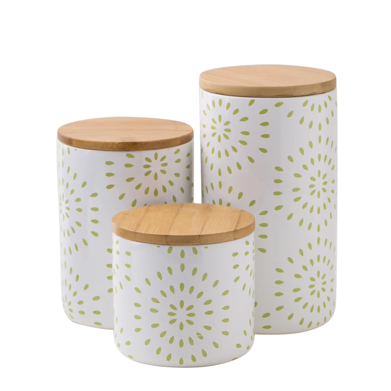 food storage ceramic canister green spots print jar bamboo lid jar