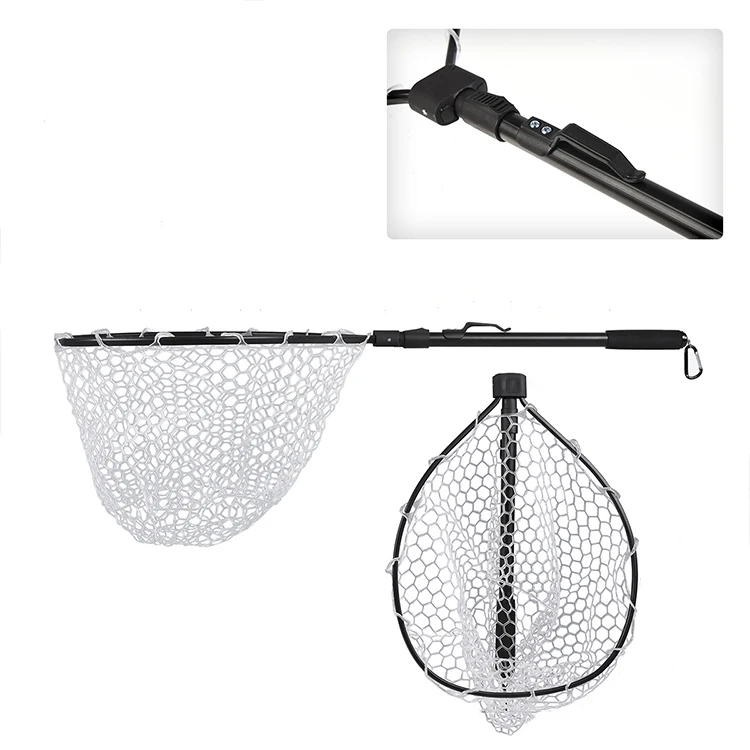 4 Size Red/blue Hot Sale Round Stainless Steel Frame Collapsible Rubber Coated Mesh Fishing Landing Net