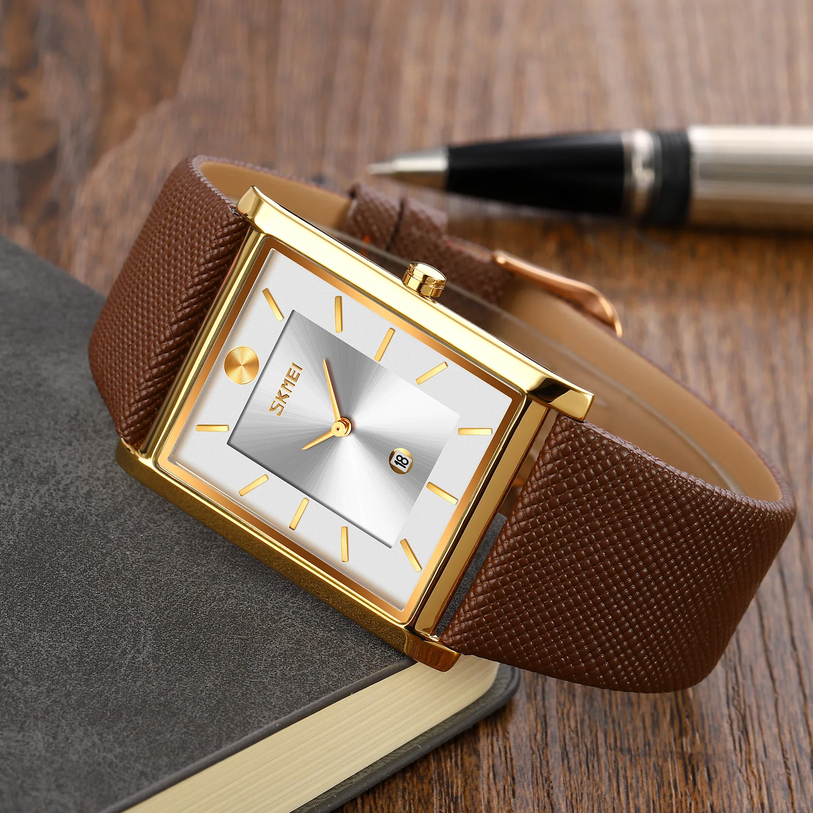 factory wholesale oem SKMEI 9256 genuine leather watch jam tangan water resistant men wristwatches