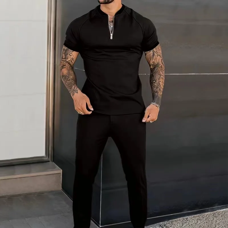 2023 Summer Zip Polo Casual Jogging Suit Men Two Piece Shirt Pants Set Slim Fit Fashion Tracksuits For Men