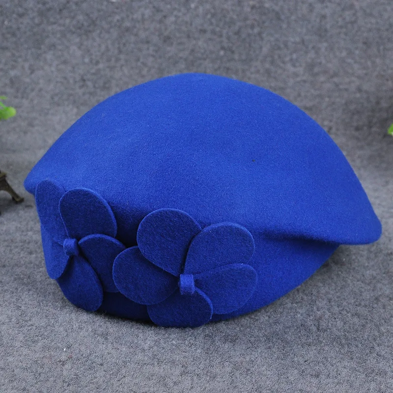 2022 Wholesale Autumn Winter Hat Ladies Elegant Double Flower Wool Beret Floral Dress Pillbox Fascinator Beanie Hat