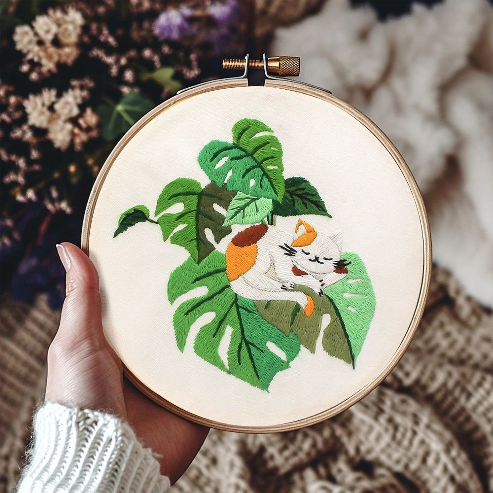 Factory DIY Green Leaf Orange Cat Practice Embroidery Set for Beginners Semi finished Handmade Cross stitch Decoration Crafts