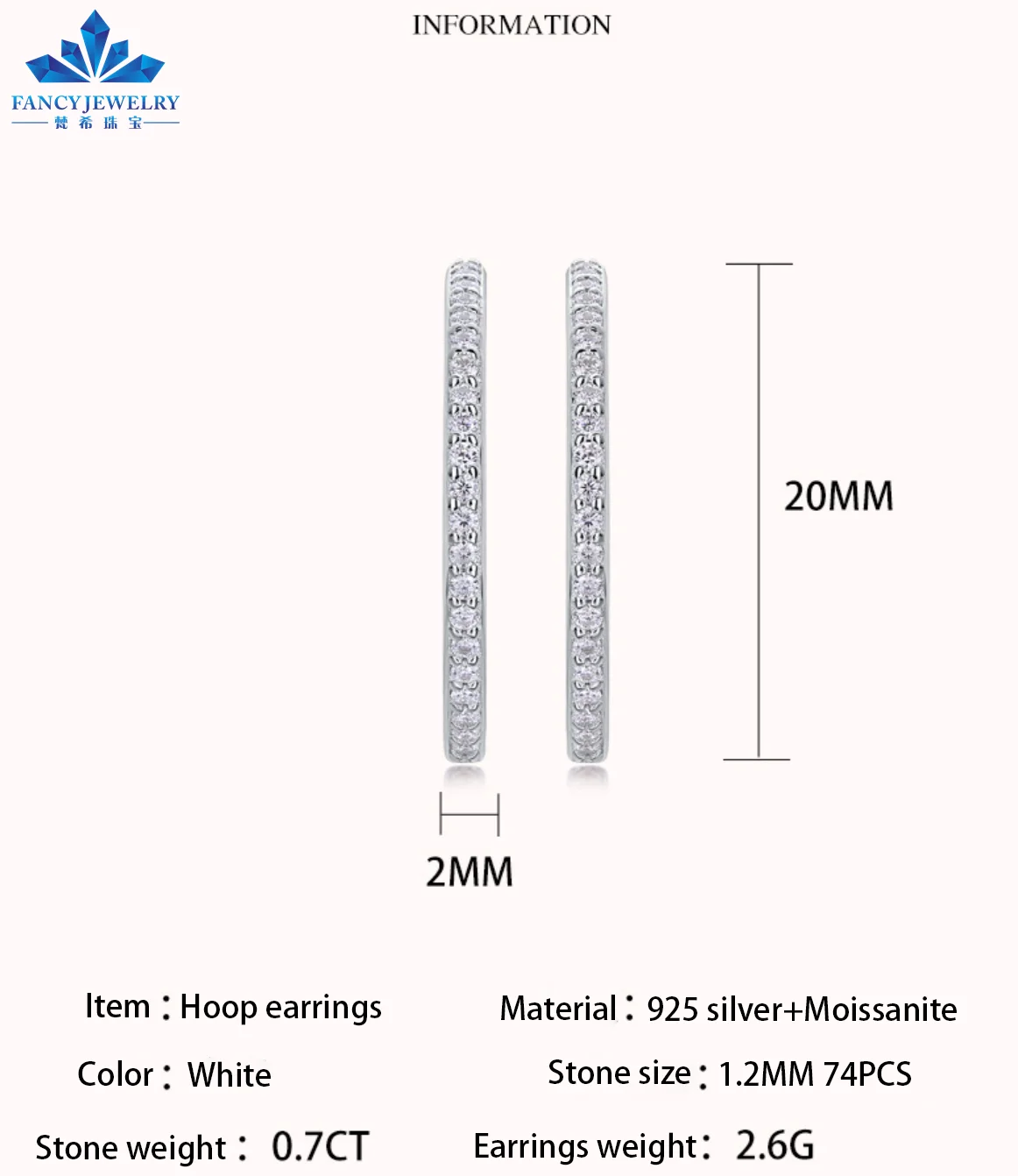 Fine Jewelry Earrings Silver 2.0mm18K White Gold Plated 925 Sterling Silver VVS D Color Moissanite Stud Earrings Hoop Earrings