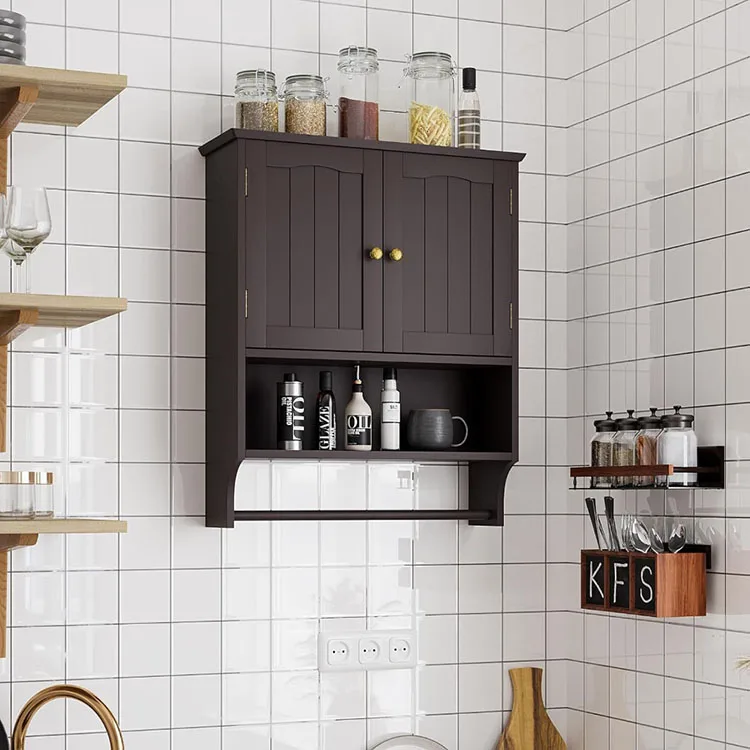 Customize Wall Mounted Cabinet Solid Wood Wall Storage Organizer Cosmetic Shower Gel Storage Cabinet With Towels Bar