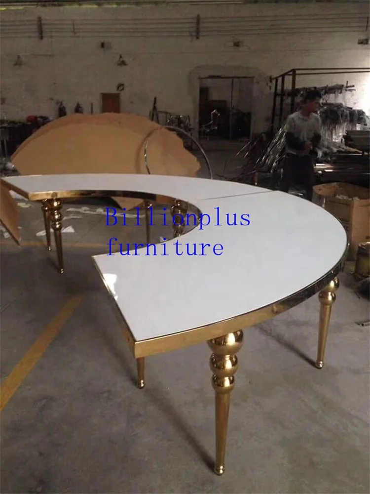 Modern Half Moon Wedding Table with Semicircle Hollow Out Mirror Glass Stainless Steel Dining Room Furniture