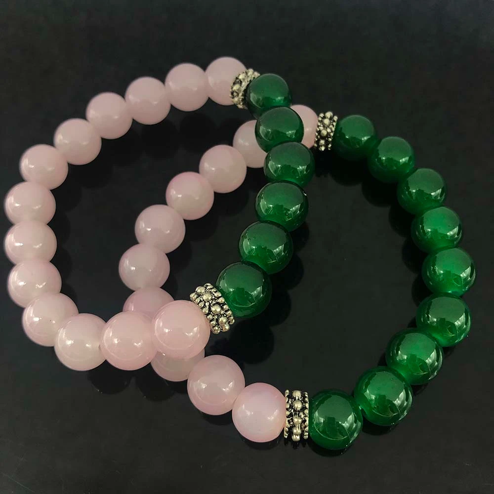 Handmade High Quality 2pcs Heavy Beads Greek Symbol Sorority Elastic Pink & Green Jade Bead Charms Bracelet Jewelry Set