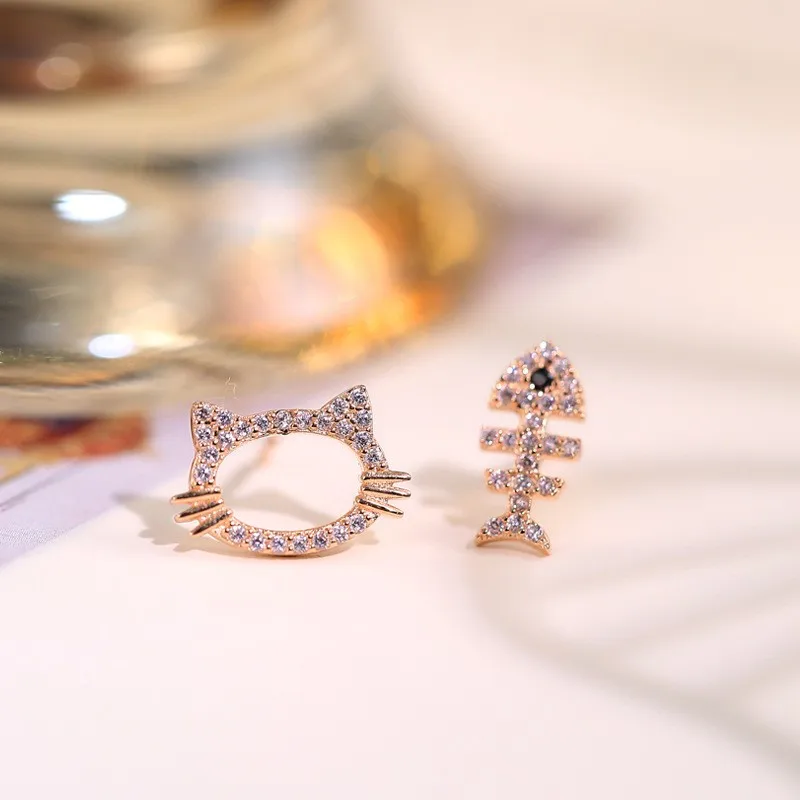 Cat and Fish Girls Solid Sterling Silver Stud Earrings Enamel Kitty Animal Ear Studs Jewelry Gifts for Kids