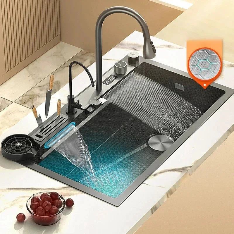 Complete Whole Set Waterfall Kitchen Sink Big Single Bowl with Dish Rack Under Mount Sinks Stainless Steel Modern Polished