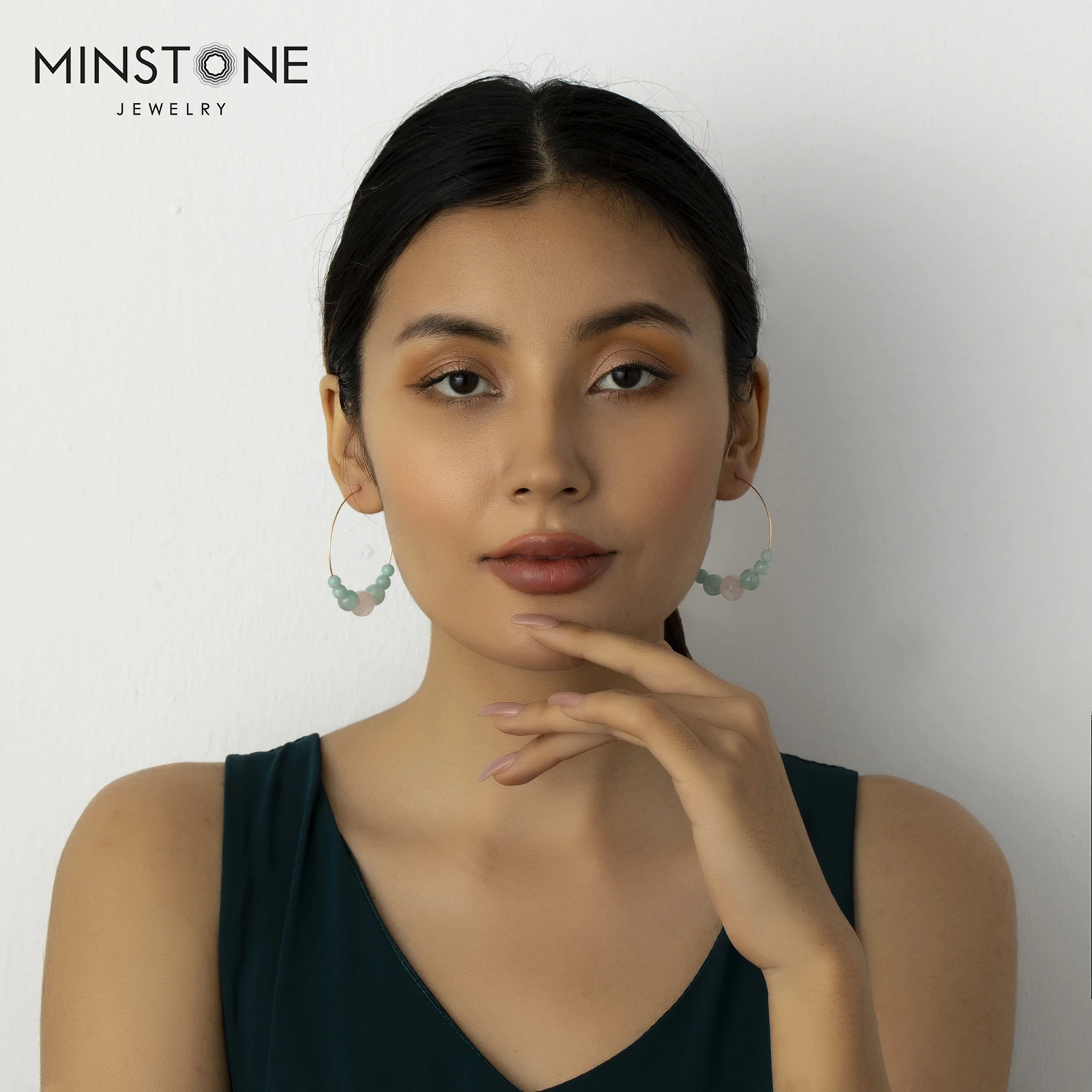 Minstone Custom Logo High Quality 14k Gold Filled Waterproof Wearable Bath Natural Stone Pendant Handmade Jewelry Hoop Earrings