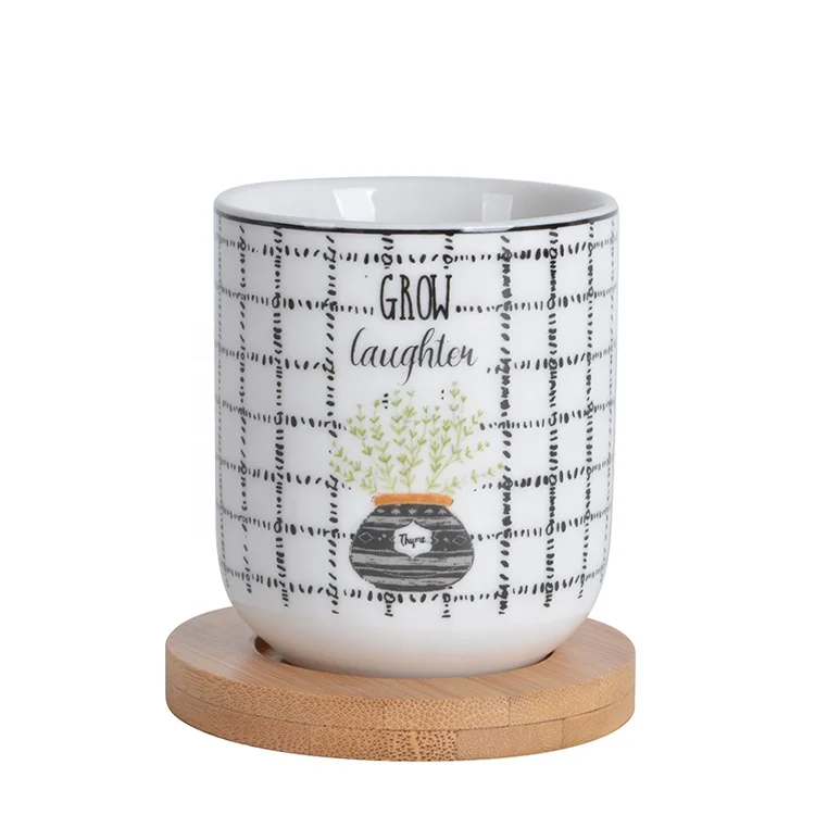 Wholesale Ceramic Tea Cup With Wooden Saucer Set Stoneware Coffee Mug Without Handle