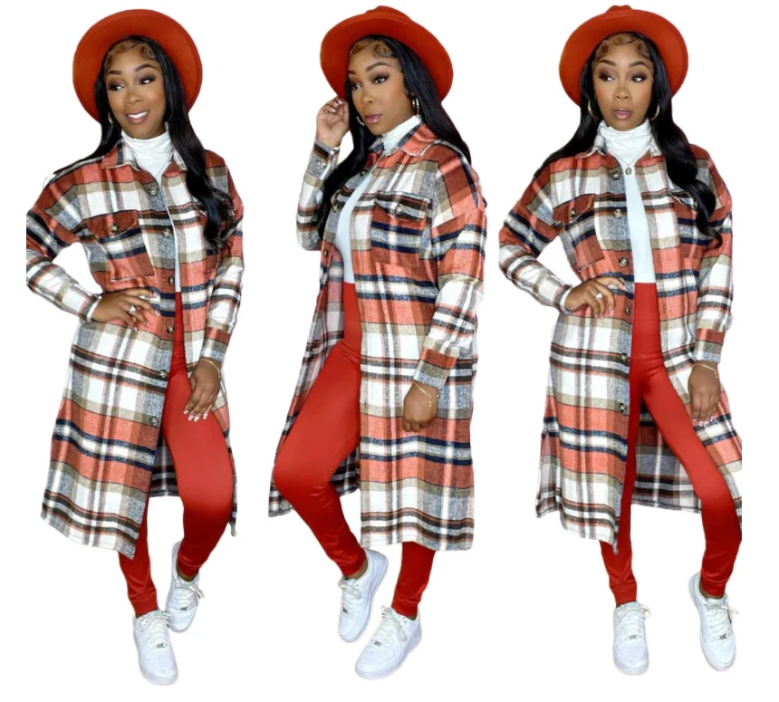 Factory wholesale winter jacket high quality women cardigans Long plaid jacket women