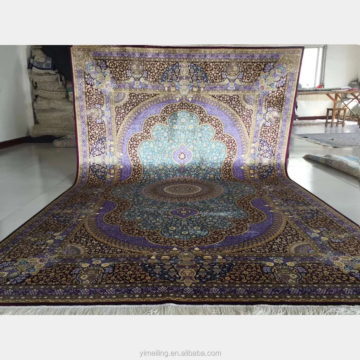 Purple Hand Knotted Kashmiri Oriental Pure Silk Indian Handmade Carpets for Sitting Room Bedroom