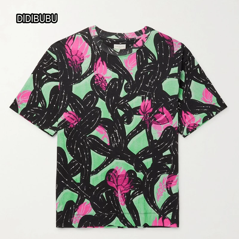 
DIDIBUBU abstract effect printed with flowering cacti mid weight cotton jersey men floral t shirt 