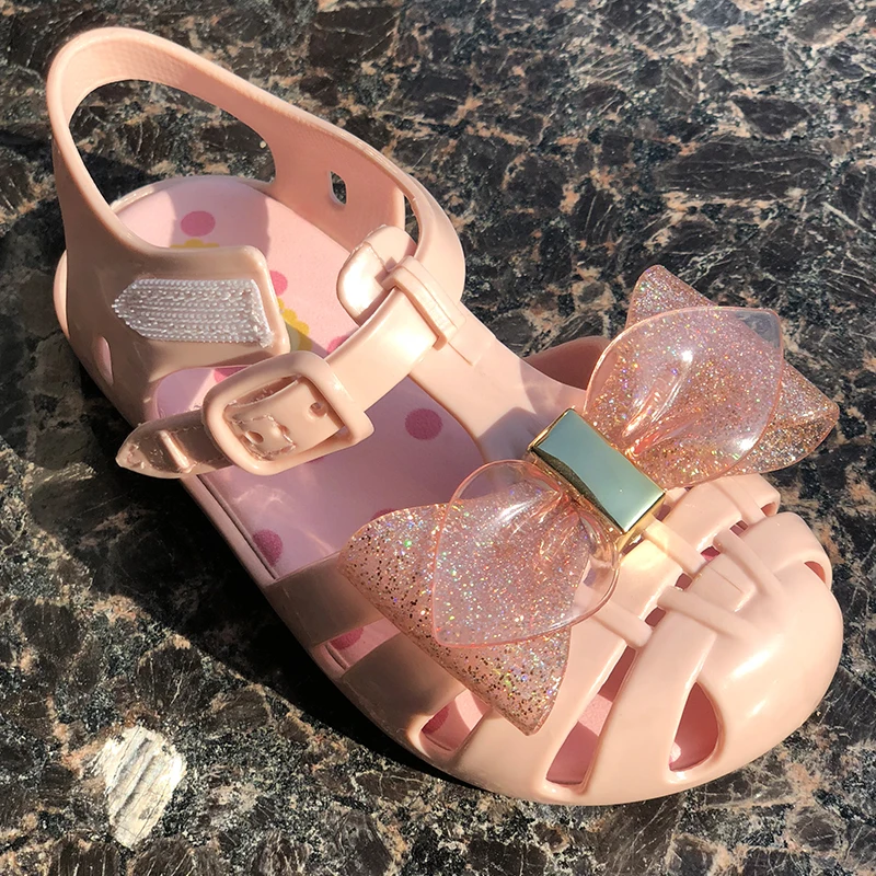 MINI DD Children Outdoor Jelly Flat Sandal Shoes Double Bow Girl Sandal Kids Casual shoes Footwear for Summer