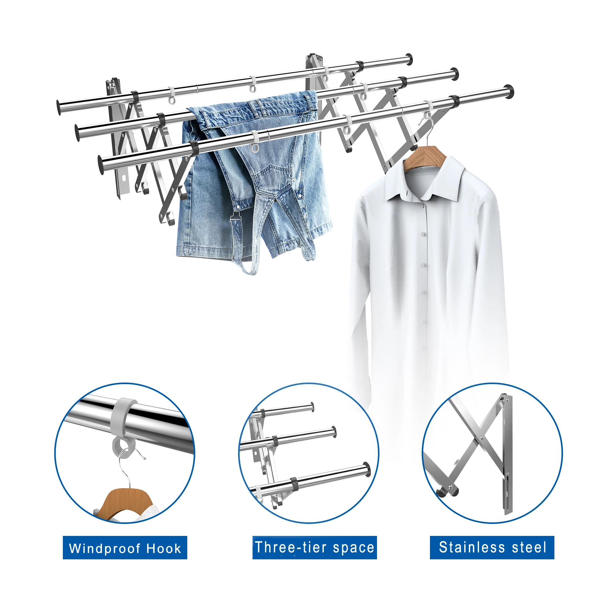 3 Tier Balcony Wall Mounted Laundry Dryer Rack Push-pull Folding Stainless Steel Cloth Drying Hanger For Bathroom