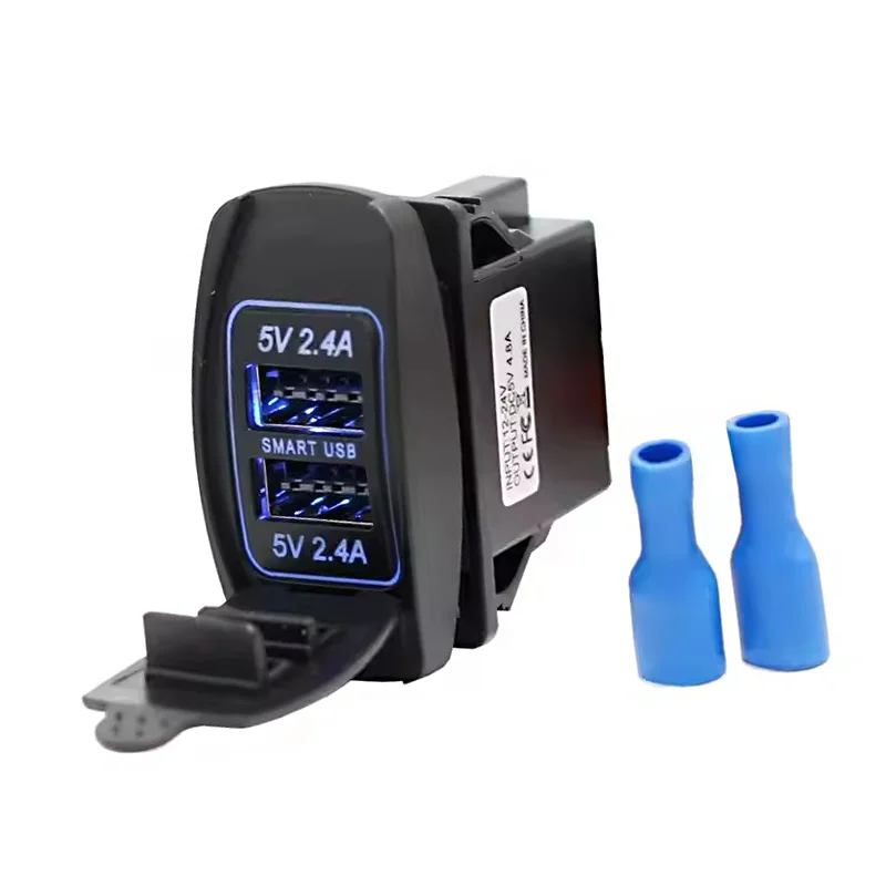 Waterproof 12V 24V 4.8A Rocker Switch Panel Mount Double Port Dual USB Charger Charging Socket with Blue LED