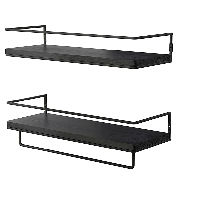 Floating Shelves for Wall Set of 2 Wall Mounted Storage Shelves Black Metal Frame and Towel Rack for Bathroom Bedroom Kitchen