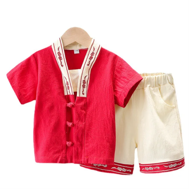 
GLM9769 Boys traditional Chinese clothing sets Baby Hanfu fabric Children half sleeve tops + pants 2 pcs tang suit 