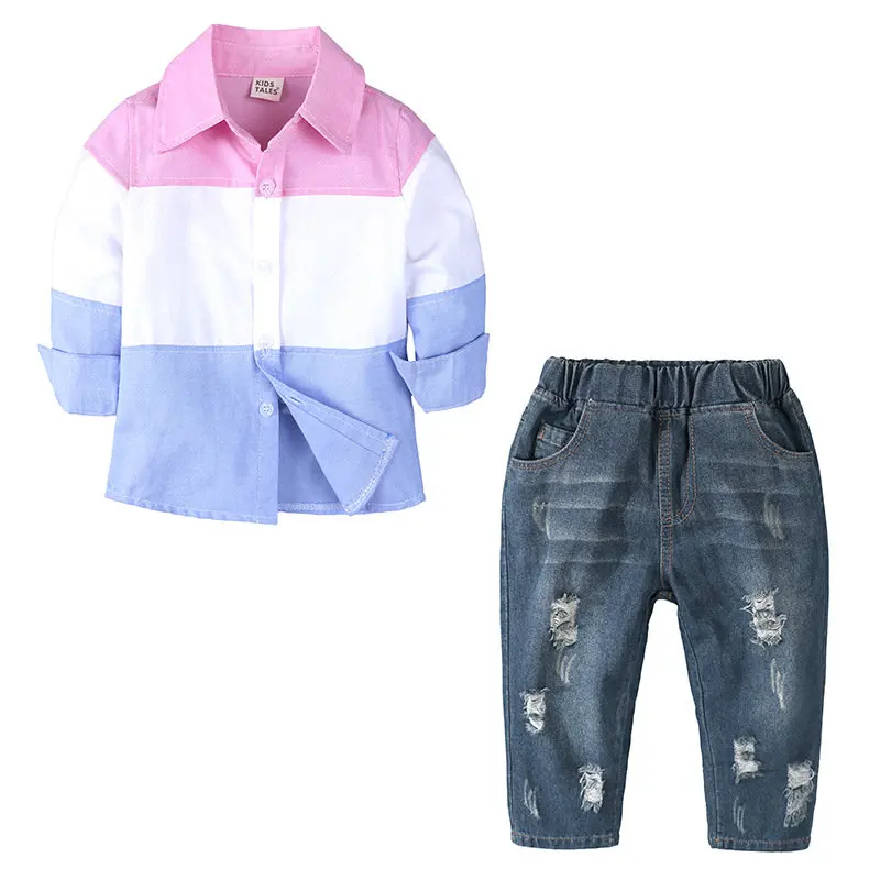 Custom Wholesale boys clothing set formal shirt with jeans fashion stylish clothes for baby boys 2pcs wear