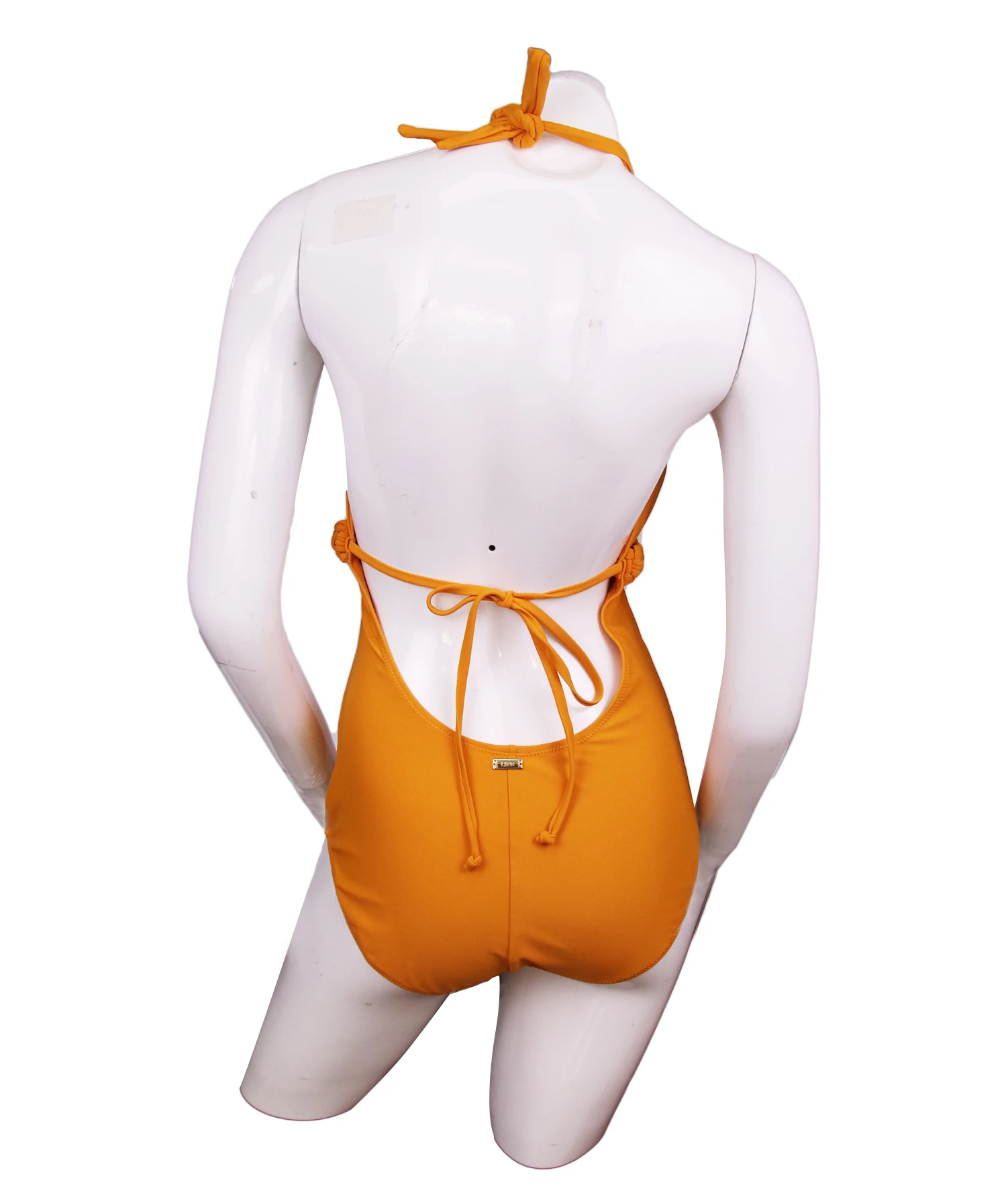 Customized brand solid color ladies swimming one piece suit with hater strap and braided tape below chest