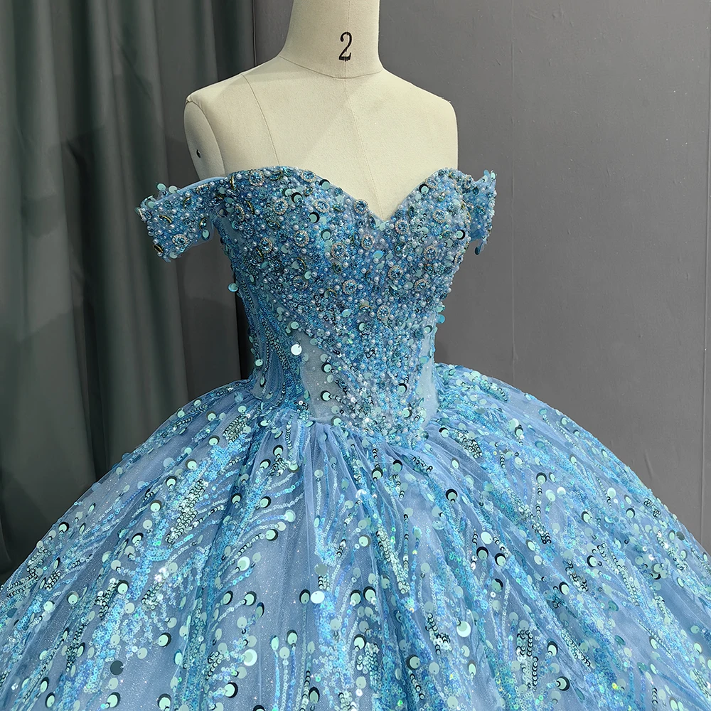 Sky Blue Sparkly Sweetheart Quinceanera Dresses Formal Luxury Party Beading Lace Sweet 15 Dress Graduation Ball Gwon 6555-2