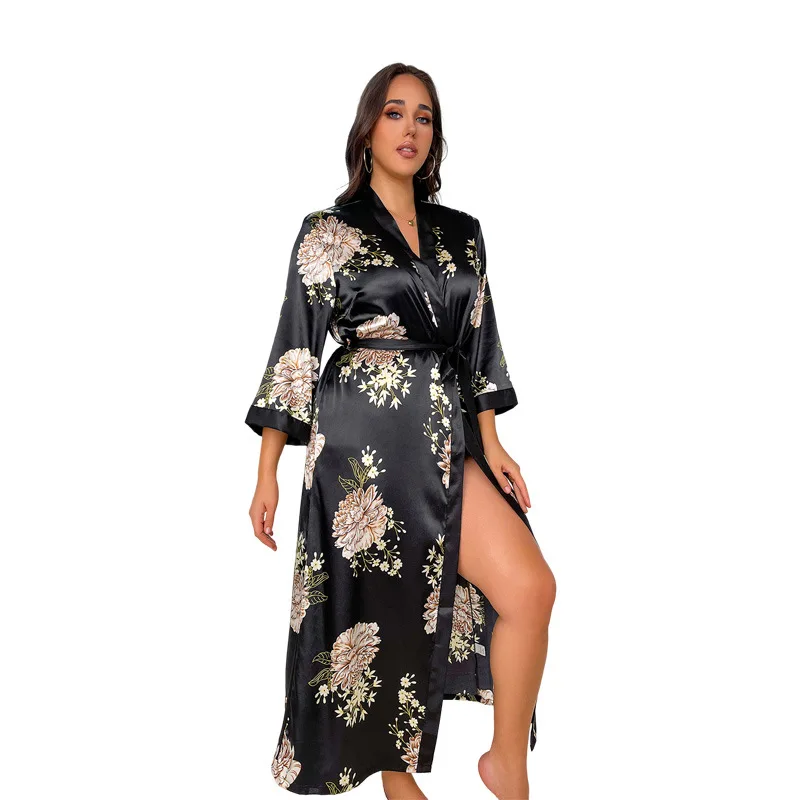 2023 Plus Size Sleepwear Luxury Kimono Robe De Nuit En Satin Silk Printed Women Long Robes Women