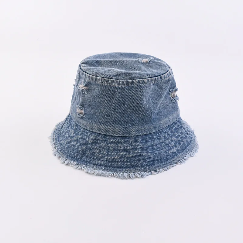 fashion vintage high quality denim bucket hat unisex custom logo embroidery women jeans bucket hats with hole