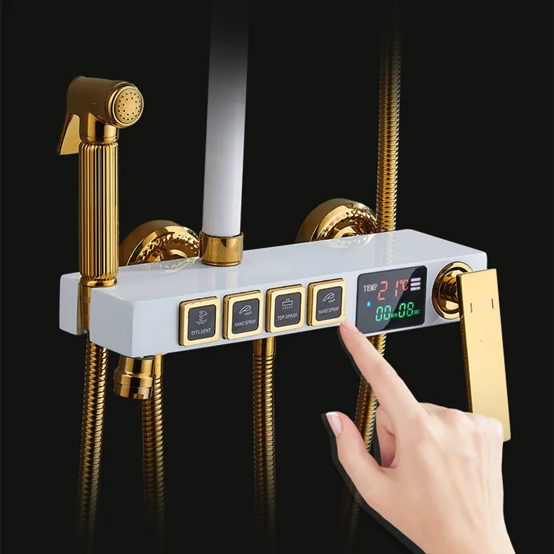 Digital Shower Set Luxury Thermostatic Bathroom Shower System Quality Brass Rainfall Bathtub Tap White Gold Digital Shower Sets
