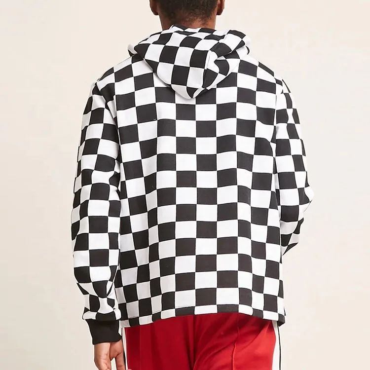 Wholesale Fleece Pullover Plaid Long Sleeve Checked Hooded Sweatshirt