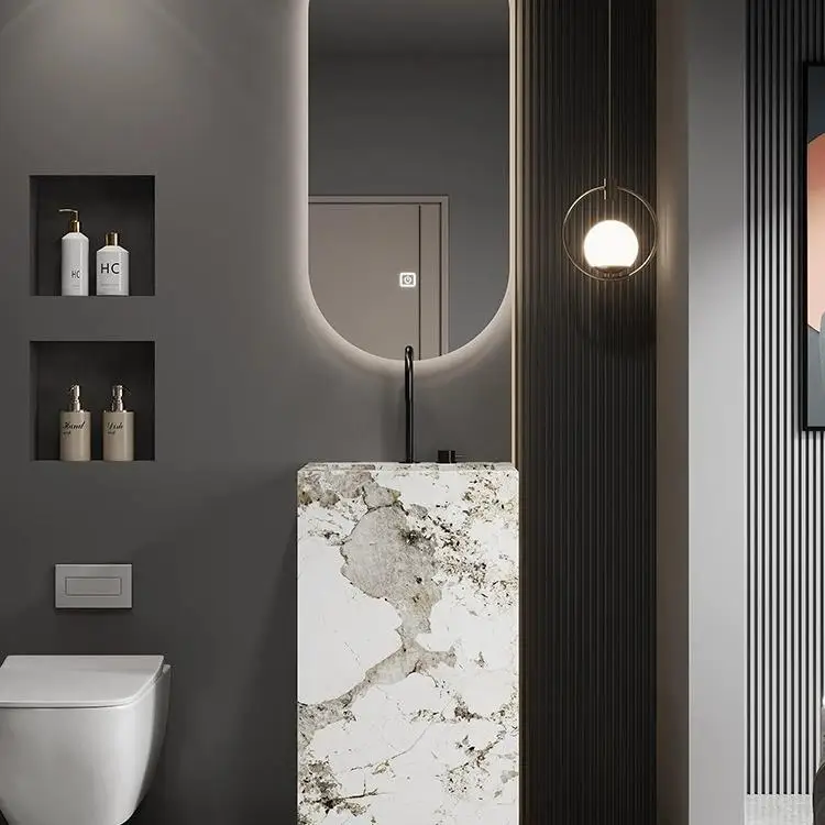 High-end rock slab pedestal basin Bathroom Ceramic Hand Wash Pedestal Sink with smart mirror