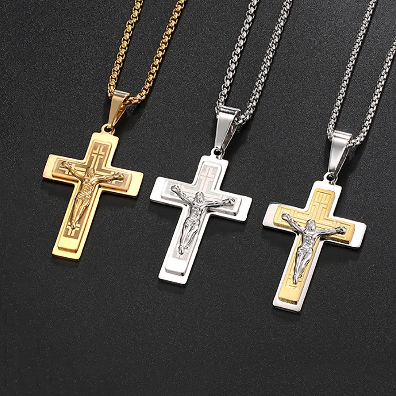 Delicate Stainless Steel Jesus Catholic Cross Pendants Necklace