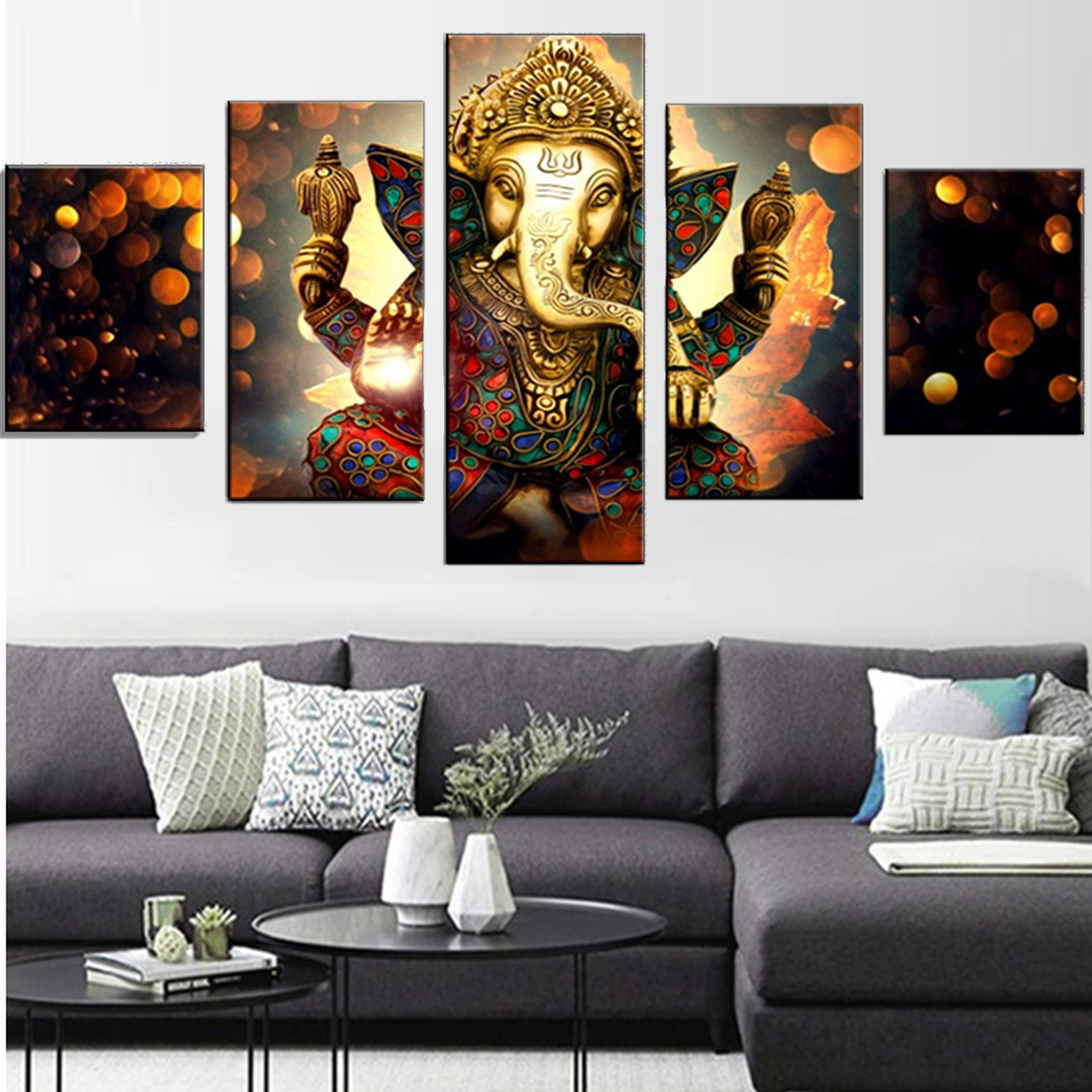 5 panel 3D Hindu Ganesh painting canvas wall art acrylic spray prints Elephant god picture factory custom artwork