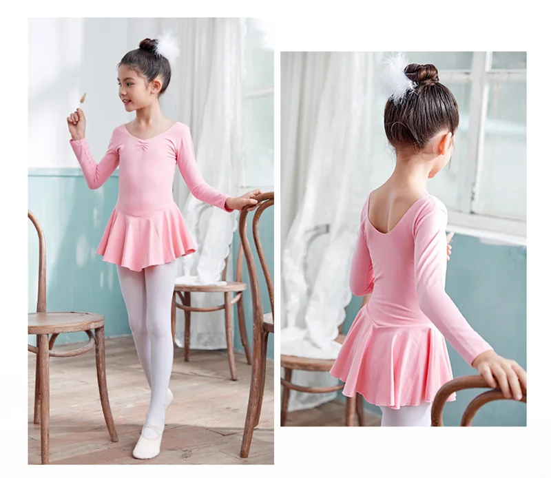 Custom One Piece Cotton Performance Dance Clothing Girls Ballet Tutu Skirt Dress Long Sleeve Children Training Dancewear
