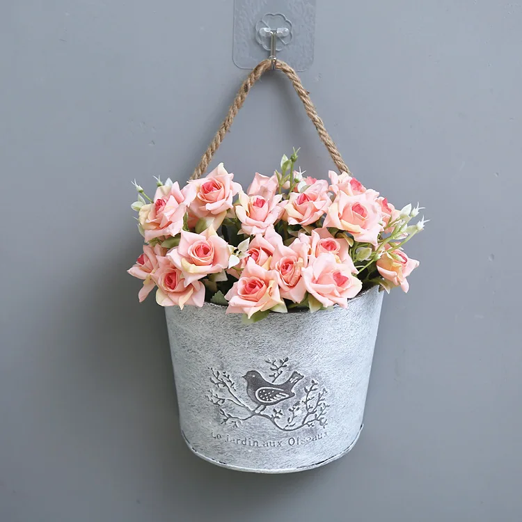 Home wall decor iron art metal flower bucket metal wall hanging planter flower pot bucket