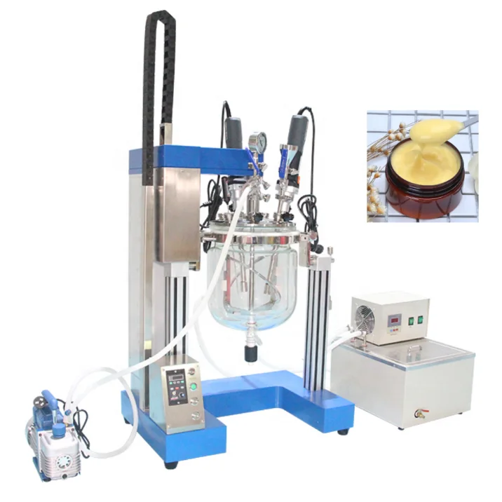 Small scale emulsifier homogenizer reactor lab vacuum mixer for cosmetic cream lotion paste with1-10L glass mixing tank