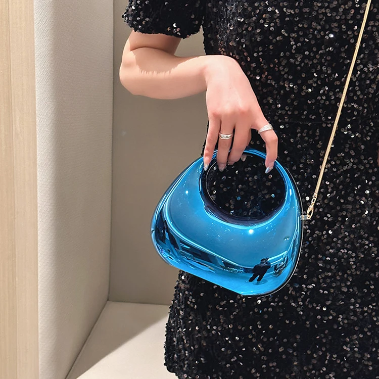 Trendy Stylish Metallic Foil Gold Hobo Handbag Half Moon Elegant Ladies Acrylic Clutch Evening Bag for Women