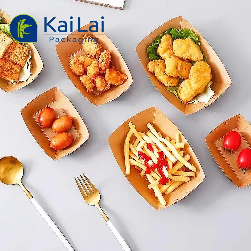 Recyclable Wholesale Food Paper Tray Chips Box Disposable Custom Print Paper Food Boat Tray French Fires Boat Container