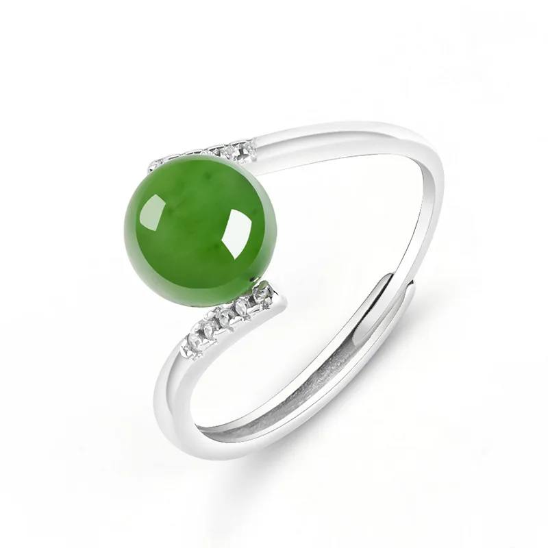 Natural Hetian jade Jasper spinach green round bead jade ring S925 silver inlaid ladies ring fashion ring adjustable D633
