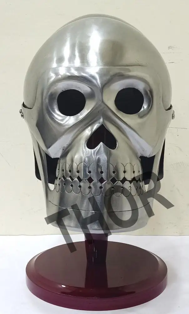 Medieval Skeleton  Helmet Full-Face Armor Knight Metal Chrome Finish W/ Stand Unique & Scary Ghost mask Gift
