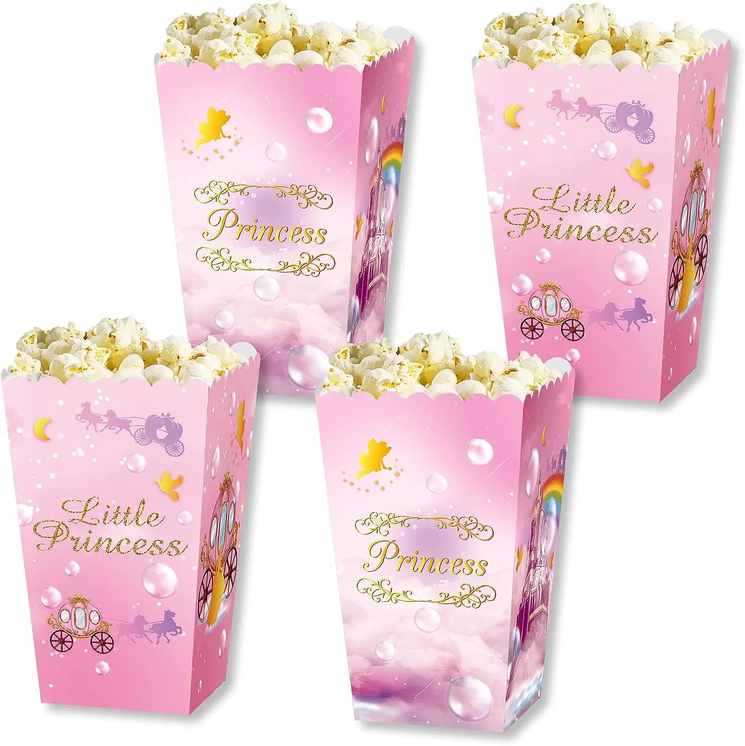 12Pack Little Princess Popcorn Boxes Dessert Popcorn Candy Box Pink Rainbow Princess Fort Popcorn Box for Baby Shower