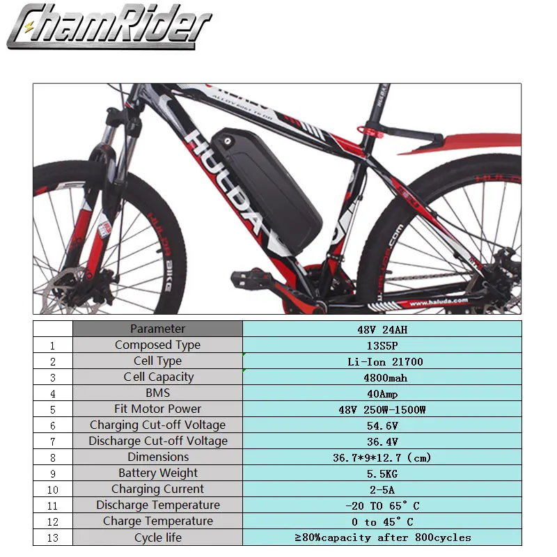  Оригинальный 48V аккумулятор 24AH батарея ebike Hailong Max 40A BMS 350W 500W 750W 1000W 1500W 21700 Cell BBS02 BBS03