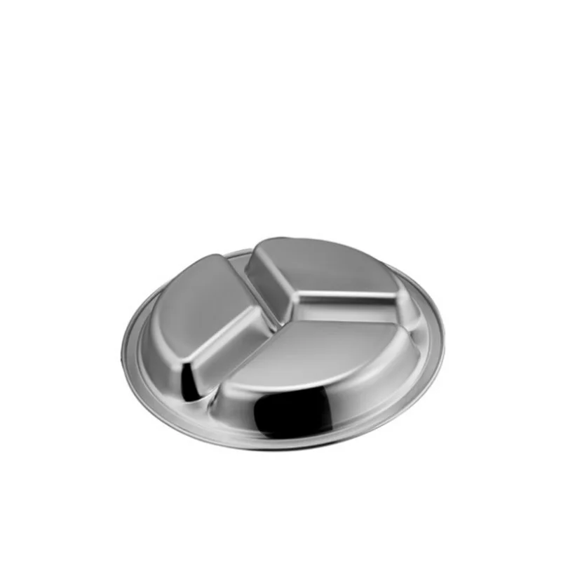 Hot Selling 3 Compartment Stainless Steel Round Shape Dinner Plates Fast Food Serving Tray Mess Tray