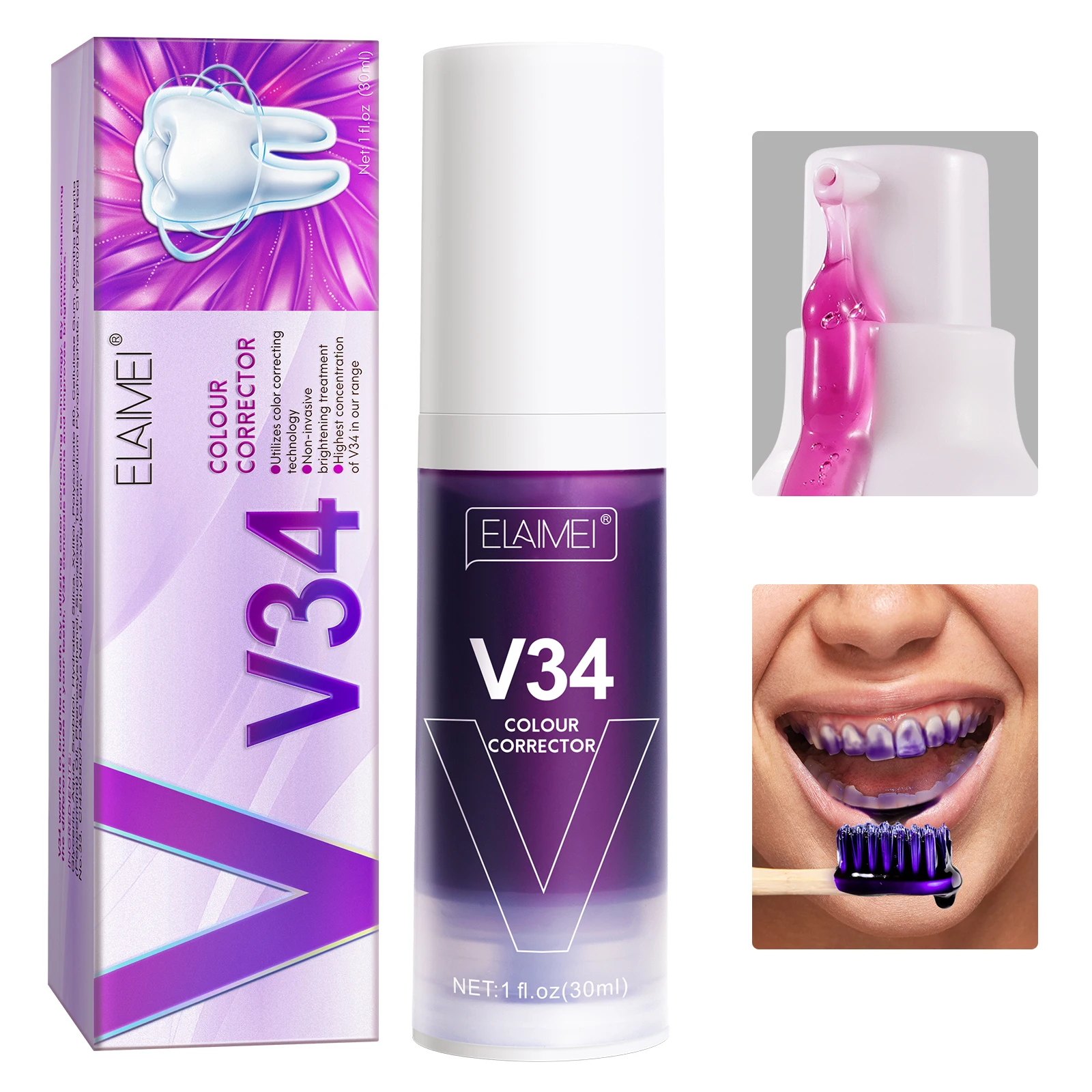 OEM V34 Purple Colour Corrector Tooth Stain Removal for Teeth Whitening Toothpaste Clean Mouth Remove Tartar Yellow Stains