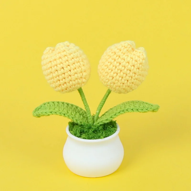 H132 Hand-woven Finished Simulation Flowers Double-headed Tulips Potted Plants Home Decoration Desktop Ornaments Woolen Flowers
