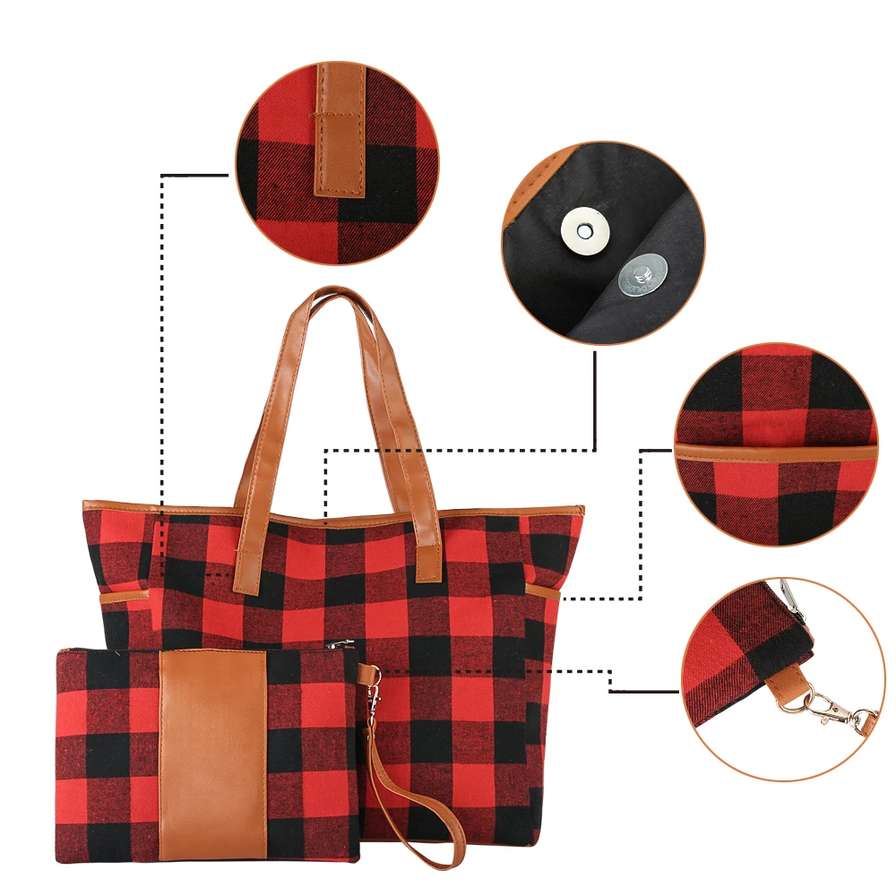 Christmas Buffalo Plaid Tote Bag Shoulder Check Cosmetic Set Red Black PU Travel Tote Bag for Woman