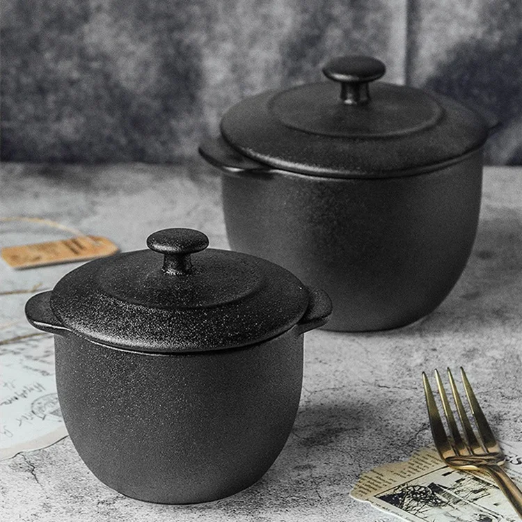 2022 New Arrival Home Used Food Warmer Casserole Cast Iron Look Black Tableware Mini Ceramic Casserole with Lid